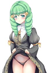 black_panties blush dress dress_lift drill_hair fire_emblem fire_emblem:_three_houses flayn_(fire_emblem) green_eyes green_hair juliet_sleeves lifted_by_self nabatean_(fire_emblem) nintendo panties skirt_lift tagme upskirt