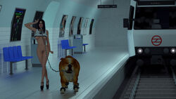 1girls 3d animal_holding_leash collar dizzydills dog dominant_feral femsub high_heels leash train_station zoophilia