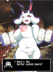 2019 anthro bar big_breasts blush bodily_fluids boss_monster bovid breasts caprine digital_media_(artwork) english_text fake_ears fake_rabbit_ears female fishnet goat hi_res horns lactating mammal mature_female mellonsoda milk nipples nude pussy solo text tongue toriel undertale video_games