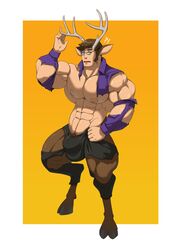 anthro big_muscles buck_(disambiguation) bulge cervid clothing confusion digitigrade eyewear flaccid glasses growth hi_res hooves horn humanoid kartos male male_only mammal muscular post_transformation satyr solo solo_male surprise surprise_transformation torn_clothing transformation