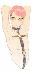 ambiguous_gender bondage collar linked_nipples nipple_piercing nipple_ring nipples nipples_to_collar pink_hair yellow_eyes 罠ｂ