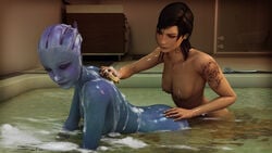 2girls 3d 3d_(artwork) abs asari asarimaniac bath bath_brush bathing bathtub black_hair blue_eyes blue_skin breasts brush bubbles commander_shepard femshep liara_t'soni mass_effect naked nipples nude nude_female soap soap_bubbles tattoo washing washing_back water wet wet_hair wet_skin yuri