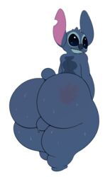 2019 alien anthro ass back_markings backsack balls big_butt blue_eyes blue_fur blue_nose bodily_fluids butt_slap disney experiment_(lilo_and_stitch) fur head_tuft hi_res huge_butt lilo_and_stitch looking_back male male_only markings notched_ear nude presenting simple_background slap small_tail smile solo spanking stitch sweat thick_thighs tuft vun white_background