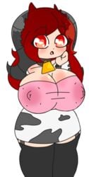 akai akai_(byternomar) big_breasts bovine byternomar demon_girl dialgafirewolf female horns milf milk nipples_visible_through_clothing original_character red_eyes red_hair succubus