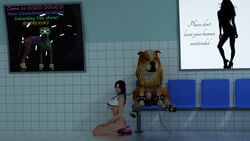 1animal 3d animal_genitalia animal_holding_leash animal_penis black_hair canine canine_penis collar dizzydills dog dominant_feral femsub high_heels human_pet_feral_owner leash sitting train_station zoophilia