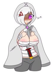 areolae big_breasts breasts byternomar dialgafirewolf hoodie katana milf nipples original_character purple_eyes sword white_hair