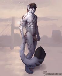 2019 abs anthro athletic balls big_tail black_fur black_hair blue_eyes blush city claws dark_hair felid feline fur hair hi_res humanoid_penis invalid_tag long_tail looking_at_viewer male male_only mammal markings muscular naruka necire_(character) painting pantherine pecs penis pink_eyes scar simple_background snow_leopard white_fur