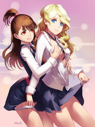 akko_kagari bangs blonde_hair blue_eyes breast_grab breast_squeeze breasts breasts_out brown_hair diakko diana_cavendish eyebrows_visible_through_hair little_witch_academia looking_at_another looking_at_partner mool_yueguang no_bra panties red_eyes ribbon school_uniform schoolgirl skirt skirt_lift small_breasts tongue_out white_shirt yuri