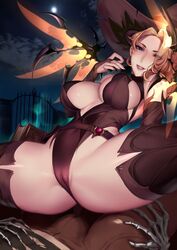 1boy 1girls absurdres alternate_costume big_breasts breasts bulge cameltoe cianyo cleavage female highres large_breasts looking_at_viewer male mercy overwatch solo_focus spread_legs tail thighhighs witch_mercy