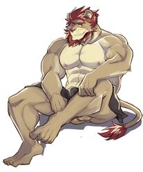 5_fingers 5_toes abasirisippo abs anthro balls barefoot feet felid fingers hair humanoid_feet kemono lion male male_only mammal mane muscular muscular_male nipples pantherine pecs red_hair red_mane solo toes