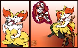 1girls ambiguous_gender anthro belly big_belly braixen breasts canine cloak clothing collar digestion eating female fluffy fox furry half-closed_eyes hi_res internal large_breasts larger_female legwear lycanroc mammal midnight_lycanroc nintendo nipples nude oral_vore original_character pokémon_(species) pokemon pokemon_(species) pokemon_sm pokemon_xy sassylebraix size_difference text thick_thighs video_games vore watermark wide_hips