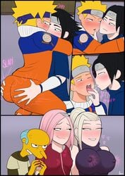 2boys 2girls aobacarry big_ass bitting_lip black_hair blonde_hair blush breasts crossover encouragement erect_nipples female femboy gay hearts horny horny_female ino_yamanaka kissing male male_focus montgomery_burns multiple_boys multiple_girls naruto naruto_(series) pink_hair sakura_haruno saliva_swap sasuke_uchiha sissy spitting the_simpsons uzumaki_naruto yaoi yaoi_with_female_audience