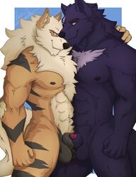 2boys abs animal_genitalia animal_penis anthro anthrofied arcanine areola armpits basch black_fur blonde_hair blue_background body_hair canine canine_penis chest_hair chest_tuft docking eye_contact fangs frottage gay hair half-closed_eyes hi_res looking_at_another looking_at_partner male male_only mammal masturbation muscular muscular_male mutual_masturbation nintendo nipples nude orange_fur original_character penis pinup pokemon pokemon_(species) pokemon_rgby poking_out pose red_eyes sheath sheath_penetration smile standing testicles text thick_thighs thigh_gap tuft video_games watermark white_border white_fur wolf yaoi yellow_eyes