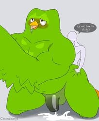 ahe_gao anal anal_sex anthro anthro_penetrated avian bird bodily_fluids chromamorph cum duo_(duolingo) duolingo gay genital_fluids hi_res human human_on_anthro human_penetrating human_penetrating_anthro interspecies looking_pleasured male male/male male_only mammal mascot owl penetration penis sex size_difference small_dom_big_sub text