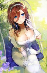 1girls bare_shoulders blue_eyes blurry blush breasts brown_hair chair cleavage clothed clothing dress eyebrows_visible_through_hair female female_only flower from_above gloves go-toubun_no_hanayome grass hair_between_eyes hairband hand_up headphones headphones_around_neck human large_breasts lens_flare long_hair looking_at_viewer nakano_miku pillow purple_flower sitting sleeveless sleeveless_dress solo strapless strapless_dress wedding_dress white_dress white_gloves