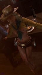 1girls 3d abs alcohol belt blonde_hair breasts feet female food gun gunbelt hat inviting jjjjd legs long_hair looking_at_viewer neckerchief necklace partial_male red_dead_redemption_(series) red_dead_redemption_2 revolver sadie_adler saloon smile source_filmmaker stomach