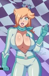 1girls 2017 arm_support belt blonde_hair blue_eyes blue_gloves breasts cleavage crown dpsiko gloves hair_over_one_eye jumpsuit large_breasts lips long_hair looking_at_viewer mario_(series) mario_kart mrdeepay navel nintendo parted_lips princess_rosalina sagging_breasts scarf signature smile thighs waving wide_hips