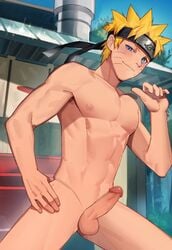 1boy 5_fingers balls blonde blonde_hair blue_eyes blue_sky blush blushing color colored day detailed_background erect_penis erection facial_markings forehead_protector hair hand_on_hip headband human human_only legs looking_at_viewer male male_focus male_nipples male_only naked naruto naruto_(series) naruto_shippuden nipples nude nude_male nudity open_eyes outdoors outside pecs penis pose posing public public_nudity round_ears short_hair sky smirk solo solo_focus solo_male spiky_hair standing testicles thighs uncensored uzumaki_naruto whisker_markings whiskers yaowu yellow_hair