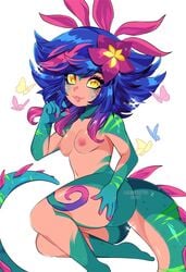 1girls areolae ass blue_hair breasts butterfly female female_only flower hair league_of_legends neeko nipples queenashii riot_games solo tail video_games