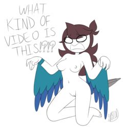 1girls breasts brown_hair embarrassed english_text feathers female female_only jaiden_animations long_hair nipples petplay pussy simple_background syscod tagme text wings youtube youtuber