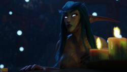 2019 ayasz bathing big_breasts blizzard_entertainment candles fingernails green_hair holding_breast large_breasts laying_down moonwell mythiyell naked night night_elf nipples original_character pointy_ears solo solo_female warcraft water world_of_warcraft