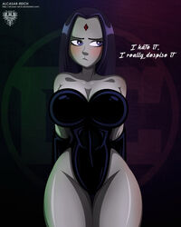 1girls alcasar-reich bare_shoulders blue_eyes blue_hair blush breasts cleavage dc dc_comics dialogue elbow_gloves english_text female female_only forehead_jewel gloves grey_skin large_breasts latex latex_gloves leotard long_hair looking_away rachel_roth raven_(dc) solo teen_titans thick_thighs thigh_gap thighs wide_hips