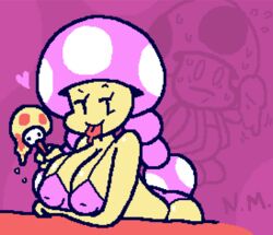 1boy 1girls ass big bikini breasts cleavage female fungi_fauna half-closed_eyes heart ice_cream large_ass large_breasts looking_at_viewer male mario_(series) nintendo popsicle sleepyslut smug super_mario_bros. sweat teasing toad_(mario) toadette tongue tongue_out