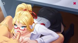 blonde_hair blowjob blue_eyes clothing cum_in_mouth fap_ceo fellatio glasses mrs_rider_(fap_ceo) oral_sex ponytail skirt teacher under_the_table