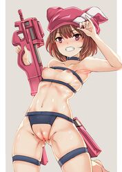 1girls anus arm_up armpit crotchless_panties female female_only garter gun innie_pussy llenn_(sao) nipples nonoririn nopan pussy small_breasts solo sword_art_online_alternative:_gun_gale_online tactical_nudity topless uncensored