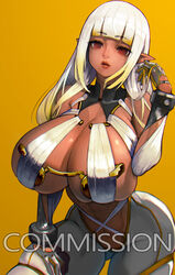 bursting_breasts cleavage dark-skinned_female dark_elf elf epic7 eyebrows_visible_through_hair hiragana_oufu huge_breasts impossible_clothes long_hair revealing_clothes sideboob skimpy sling_bikini tagme white_hair