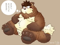 2012 4:3 anthro balls belly blush flaccid japanese_text male male_only mammal mogpon moobs navel nipples overweight overweight_male penis popori simple_background sitting solo tera_online text translated video_games