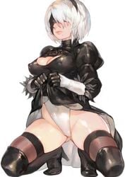 android aoin beauty_mark blindfold high_heel_boots high_heels nier:_automata nipple_bulge skirt_lift squatting swimsuit tagme thighhighs yorha_2b