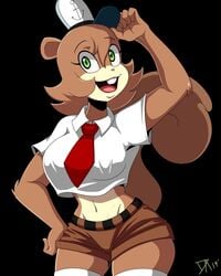 1girls anthro brown_fur bushy_tail curvy dalley_le_alpha dark_background fully_clothed furry green_eyes navel nickelodeon nipple_bulge red_tie sandy_cheeks shorts spongebob_squarepants squirrel straight_hair uniform white_hat