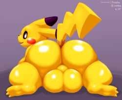 1boy 2019 3_toes anthro anthrofied ass big_ass big_booty_pikachu big_ears big_testicles black_eyes black_fur bottom_heavy butt_focus chubby dated eye_contact feet frumples huge_ass huge_testicles large_ass large_testicles long_ears looking_at_viewer looking_back male male_only nintendo nude patreon paws pikachu pokémon_(species) pokemon pokemon_rgby purple_background red_cheeks shortstack smile solo tail testicles text thick_thighs video_games watermark wide_hips yellow_fur