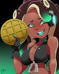 1girls black_gloves blush breasts cephalopod cephalopod_humanoid cleavage dalley_le_alpha dark-skinned_female dark_skin female female_only fingerless_gloves food gloves green_eyes headphones humanoid large_breasts marina_(splatoon) marine marine_humanoid nintendo octoling open_mouth solo splatoon tentacle_hair waffle