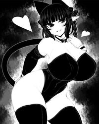 animal_ears big_breasts blush breasts catgirl ginku_mh heart leotard monochrome pointy_ears rin_kaenbyou smile tail thick_thighs thighhighs touhou wide_hips