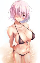 arched_back bangs bikini black_bikini breasts cleavage cowboy_shot eyebrows_visible_through_hair eyes_visible_through_hair fate/grand_order fate_(series) female female_only hair_over_one_eye hands_behind_back large_breasts mash_kyrielight pink_eyes pink_hair short_hair side-tie_bikini smile solo solo_female untue