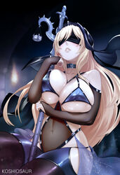 1girls abs bare_shoulders big_ass big_breasts bikini blindfold blonde_hair blush breasts choker cleavage clothed female female_only fishnets gloves goblin_slayer holding huge_breasts human koshiosaur large_ass large_breasts long_hair looking_up pose scales sideboob sitting solo sword sword_maiden_(goblin_slayer) teeth text thick_thighs thighhighs very_long_hair watermark weapon wide_hips