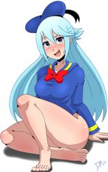 1girls aqua_(konosuba) blue_hair blush blushing bottomless curvy dalley_le_alpha donald_duck_(cosplay) feet hat kono_subarashii_sekai_ni_shukufuku_wo! legs_crossed looking_at_viewer simple_background sitting smiling