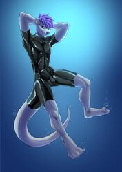 2019 4_toes anthro brown_eyes digital_media_(artwork) hair hi_res looking_at_viewer lutrine male male_only mammal mustelid omesore purple_hair rubber smile solo toes underwater water