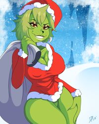 1girls anthro bottomless christmas cleavage curvy dalley_le_alpha dr_seuss genderswap_(mtf) green_fur green_hair holidays how_the_grinch_stole_christmas ice looking_at_viewer nipple_bulge orange_eyes rule_63 sack santa_costume santa_hat smiling snow solo_focus the_grinch the_grinchess