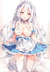 1girls apron azur_lane bra breasts cleavage cygnet_(an_offer_to_be_maid)_(azur_lane) cygnet_(azur_lane) detached_collar detached_sleeves dress dress_lift dress_pull female female_only garter_straps hair_ornament kneeling large_breasts light-skinned_female light_skin long_hair maid_headdress maid_uniform personification red_eyes royal_navy_(azur_lane) solo tears thighhighs unacchi_(nyusankin) underboob very_long_hair white_bra white_hair white_legwear white_stockings