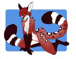 2019 4_toes 5_fingers anthro areola breasts digital_media_(artwork) felid female fingers fur furry green_eyes hair kneeling leopard mammal nipples pantherine red_fur red_hair salkitten solo toes