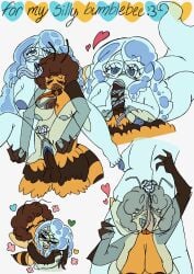 anonymous_artist anthro arthropod bee breasts bumble_bee_(species) cunnilingus duo fellatio female female/female ghost hi_res holidays humanoid hymenopteran insects kissing long_tongue oral penile sex simple_background spiral spiral_eyes spirit sunny_baudelaire text tongue trans_(lore) trans_woman_(lore) vaginal_penetration valentine's_day wrapped_breasts
