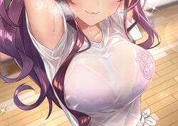 :3 arms_up baffu bra bralines breasts cleavage collarbone female female_only large_breasts purple_bra purple_hair see-through see-through_clothing smile solo solo_female t-shirt