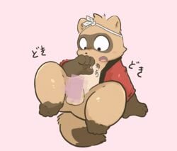 2019 anthro balls blush brown_fur canid canine censored clothing erection fur japanese_text male mammal penis raccoon_dog shirt simple_background sitting solo tanuki text tinntira topwear