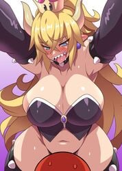 1girls anime_style arms_up big_breasts blush bowsette breasts cleavage crown female femdom genderswap huge_breasts human humanoid imminent_sex kabedon konno_tohiro large_breasts male male_human/female_humanoid mario mario_(series) moaning naughty_face new_super_mario_bros._u_deluxe nintendo seductive seductive_smile smile solo_focus super_crown super_mario_bros. thick_thighs thighhighs