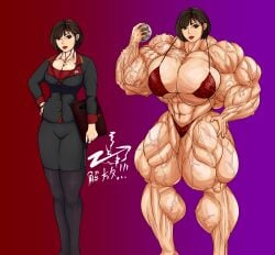 1girls abs arm_at_side arm_up bare_arms bare_legs bare_shoulders bare_thighs before_and_after bikini black_jacket black_pantyhose black_skirt black_suit body_size_growth breasts brown_hair business_suit cleavage closed_mouth feet_out_of_frame female female_pecs gradient_background hand_on_own_hip height_difference holding_folder holding_object huge_muscles huge_pectorals large_breasts leopard_print leopard_print_bikini looking_at_viewer muscle_growth muscular muscular_female oekaki_kantoku original pectoral_cleavage purple_background red_background red_bikini red_eyes red_lipstick red_shirt short_hair skirt skirt_suit solo standing stomach swept_bangs thick_lips thick_thighs thighs veiny_arms veiny_legs veiny_pecs veiny_pectorals veiny_thighs
