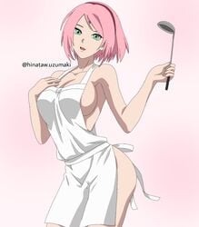 1girls @hinataw.uzumaki apron boruto:_naruto_next_generations breasts clavicle cleavage collarbone facial_mark female female_only forehead_mark green_eyes hairband holding_object ladle looking_at_viewer naked naked_apron naruto naruto_(series) nude open_mouth pink_background pink_hair sakura_haruno simple_background solo