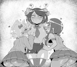 3girls armpit_worship armpits arms_behind_head blush blushing breast_grab female female_only greyscale hasebe_kazumi kunio-kun mami_shimada misako_(kunio-kun) monochrome panties pussy_juice pussy_juice_drip_through_clothes r-one ribbons river_city_girls school_uniform shorts_pull smell smell_worship smelling sniff sniffing sniffing_armpit steam sweat sweat_stain sweaty sweaty_armpits thick_thighs upskirt wayforward wet wet_panties wet_pussy yuri